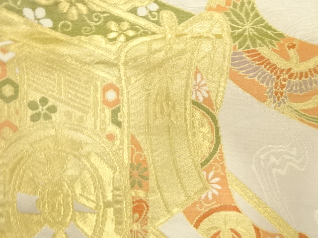  御所車に花・鳳凰模様織り出し　袋帯